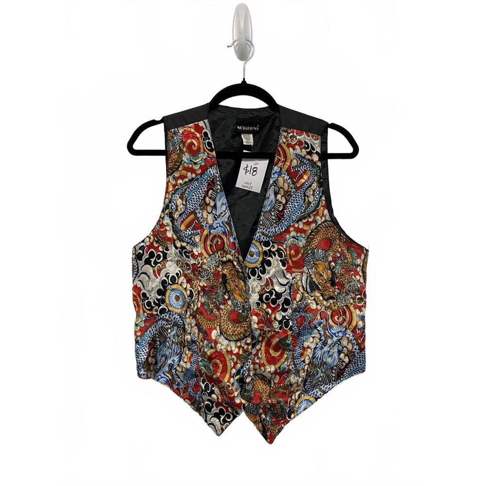 Notations Asian Dragon Crest Metallic Buttons Patterned Vest size Men’s Small
